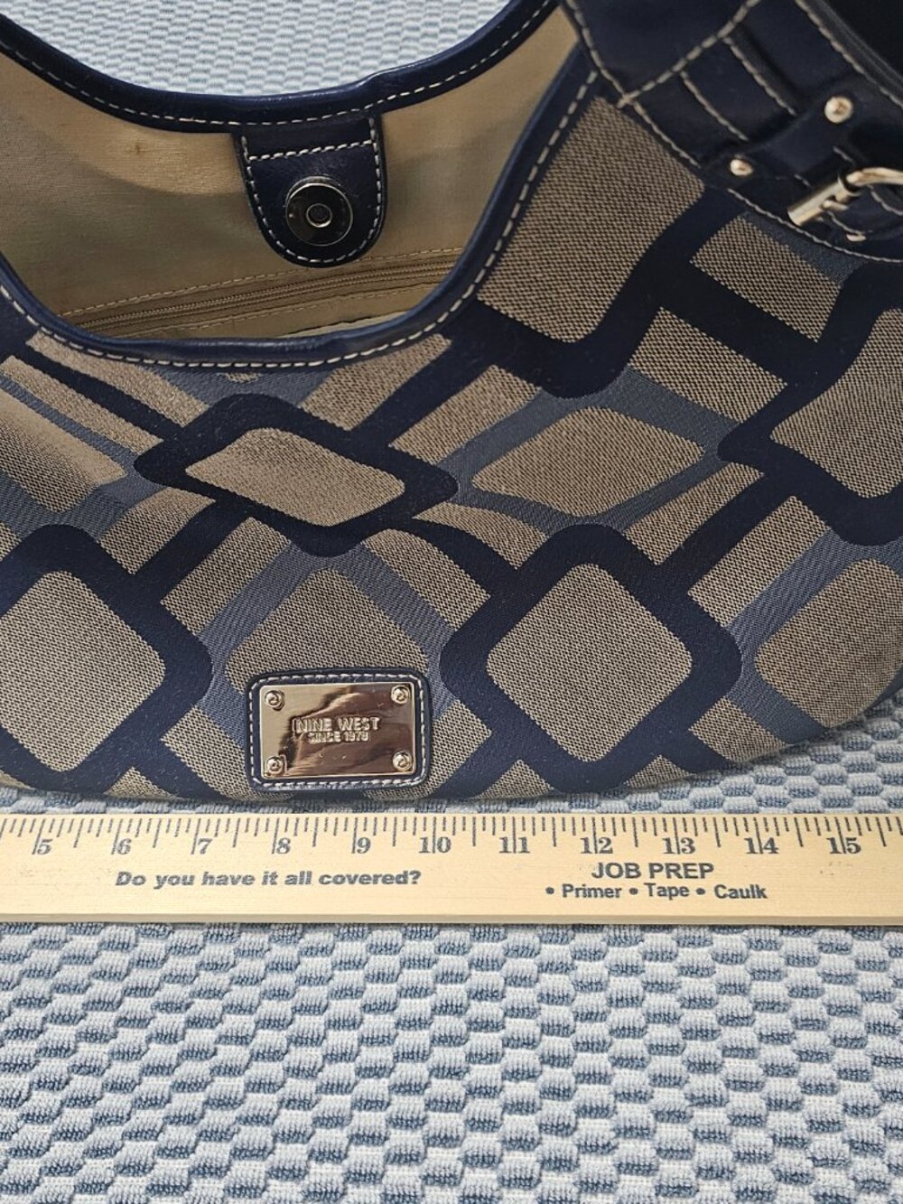 Nine West Blue & Gray Geometric Canvas Hobo Bag – Navy Trim – Silver Hardware - Picture 5 of 7